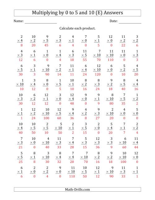 The Multiplying by Anchor Facts 0, 1, 2, 3, 4, 5 and 10 (Other Factor 1 to 12) (E) Math Worksheet Page 2