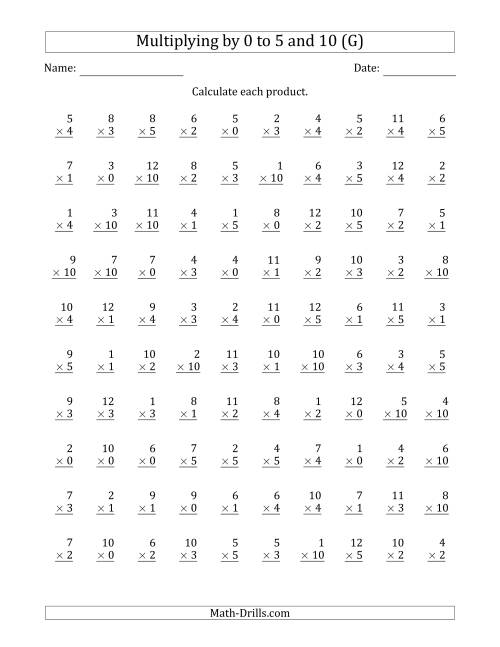 The Multiplying by Anchor Facts 0, 1, 2, 3, 4, 5 and 10 (Other Factor 1 to 12) (G) Math Worksheet