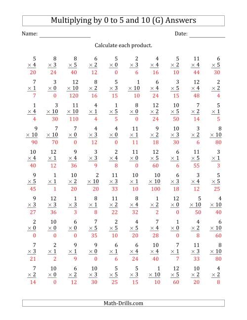 The Multiplying by Anchor Facts 0, 1, 2, 3, 4, 5 and 10 (Other Factor 1 to 12) (G) Math Worksheet Page 2