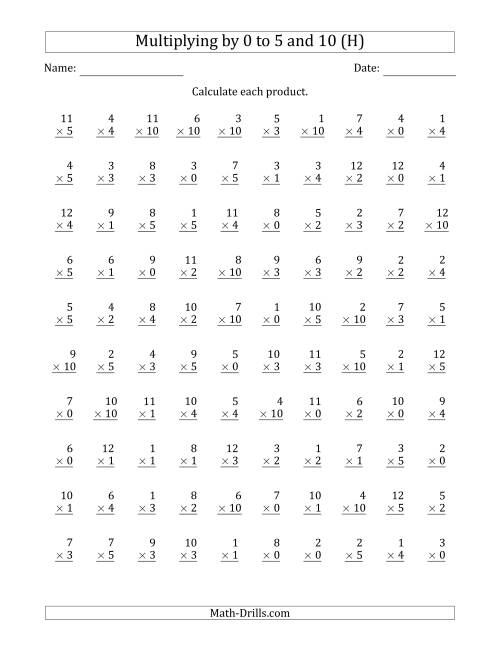 The Multiplying by Anchor Facts 0, 1, 2, 3, 4, 5 and 10 (Other Factor 1 to 12) (H) Math Worksheet