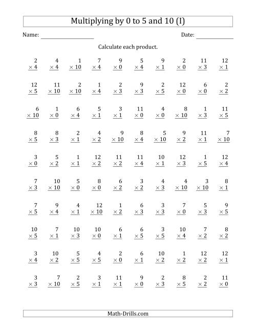 The Multiplying by Anchor Facts 0, 1, 2, 3, 4, 5 and 10 (Other Factor 1 to 12) (I) Math Worksheet