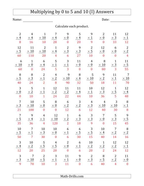 The Multiplying by Anchor Facts 0, 1, 2, 3, 4, 5 and 10 (Other Factor 1 to 12) (I) Math Worksheet Page 2
