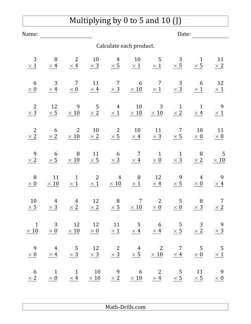 The Multiplying by Anchor Facts 0, 1, 2, 3, 4, 5 and 10 (Other Factor 1 to 12) (J) Math Worksheet