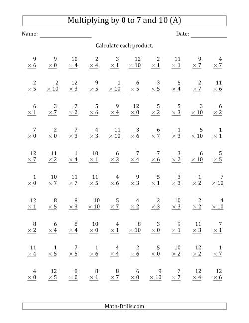 The Multiplying by Anchor Facts 0, 1, 2, 3, 4, 5, 6, 7 and 10 (Other Factor 1 to 12) (A) Math Worksheet