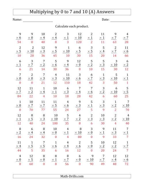 The Multiplying by Anchor Facts 0, 1, 2, 3, 4, 5, 6, 7 and 10 (Other Factor 1 to 12) (A) Math Worksheet Page 2