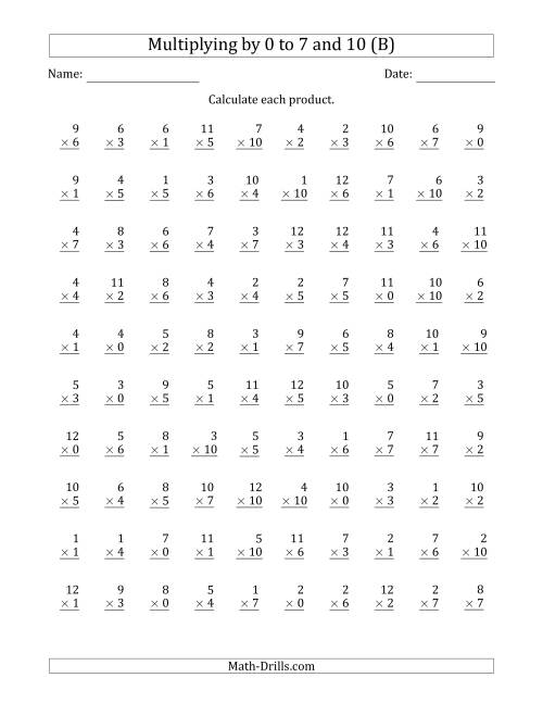 The Multiplying by Anchor Facts 0, 1, 2, 3, 4, 5, 6, 7 and 10 (Other Factor 1 to 12) (B) Math Worksheet