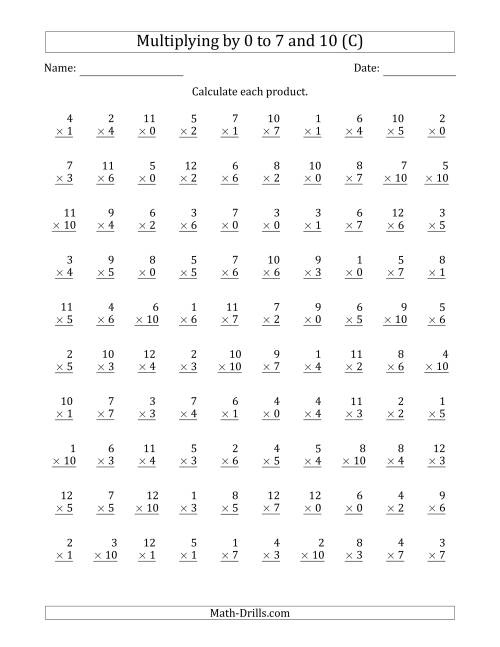 The Multiplying by Anchor Facts 0, 1, 2, 3, 4, 5, 6, 7 and 10 (Other Factor 1 to 12) (C) Math Worksheet