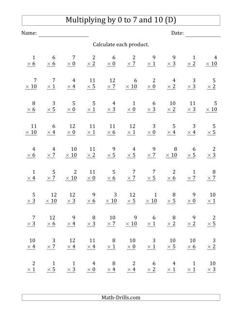 The Multiplying by Anchor Facts 0, 1, 2, 3, 4, 5, 6, 7 and 10 (Other Factor 1 to 12) (D) Math Worksheet