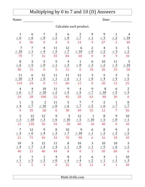 The Multiplying by Anchor Facts 0, 1, 2, 3, 4, 5, 6, 7 and 10 (Other Factor 1 to 12) (D) Math Worksheet Page 2
