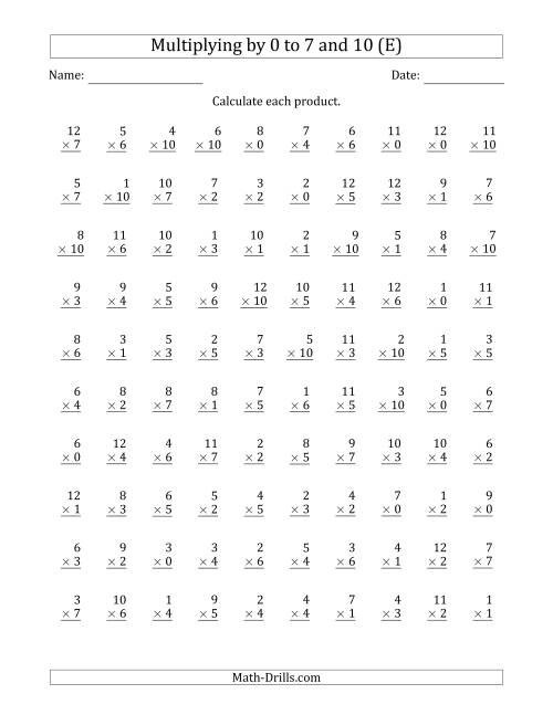 The Multiplying by Anchor Facts 0, 1, 2, 3, 4, 5, 6, 7 and 10 (Other Factor 1 to 12) (E) Math Worksheet