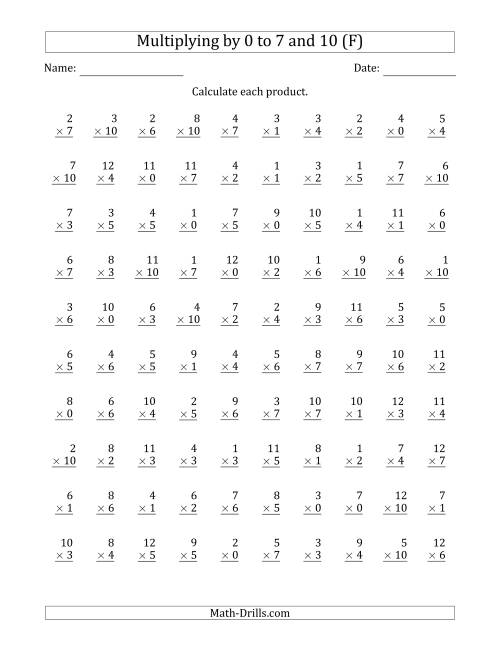 The Multiplying by Anchor Facts 0, 1, 2, 3, 4, 5, 6, 7 and 10 (Other Factor 1 to 12) (F) Math Worksheet