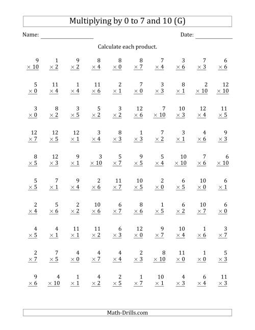 The Multiplying by Anchor Facts 0, 1, 2, 3, 4, 5, 6, 7 and 10 (Other Factor 1 to 12) (G) Math Worksheet