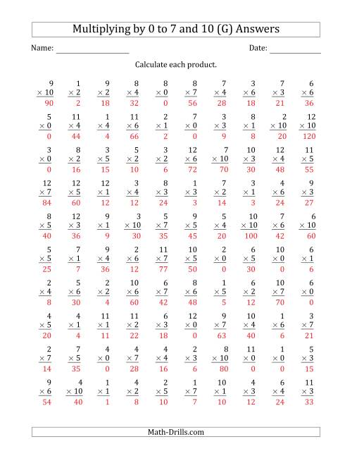 The Multiplying by Anchor Facts 0, 1, 2, 3, 4, 5, 6, 7 and 10 (Other Factor 1 to 12) (G) Math Worksheet Page 2
