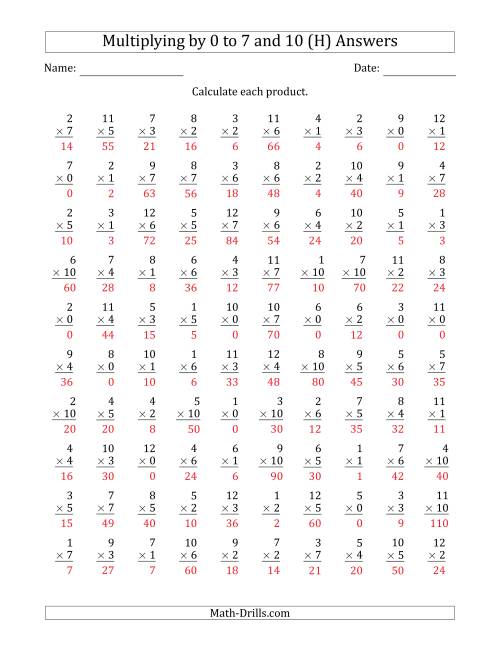 The Multiplying by Anchor Facts 0, 1, 2, 3, 4, 5, 6, 7 and 10 (Other Factor 1 to 12) (H) Math Worksheet Page 2