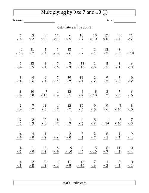 The Multiplying by Anchor Facts 0, 1, 2, 3, 4, 5, 6, 7 and 10 (Other Factor 1 to 12) (I) Math Worksheet