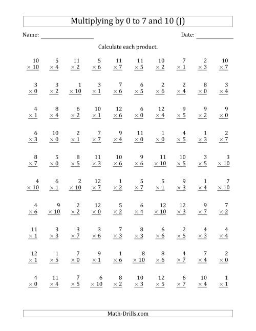 The Multiplying by Anchor Facts 0, 1, 2, 3, 4, 5, 6, 7 and 10 (Other Factor 1 to 12) (J) Math Worksheet