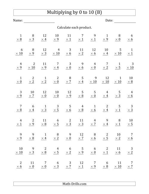 The Multiplying by Anchor Facts 0, 1, 2, 3, 4, 5, 6, 7, 8, 9 and 10 (Other Factor 1 to 12) (B) Math Worksheet