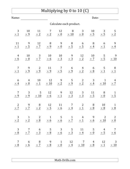 The Multiplying by Anchor Facts 0, 1, 2, 3, 4, 5, 6, 7, 8, 9 and 10 (Other Factor 1 to 12) (C) Math Worksheet