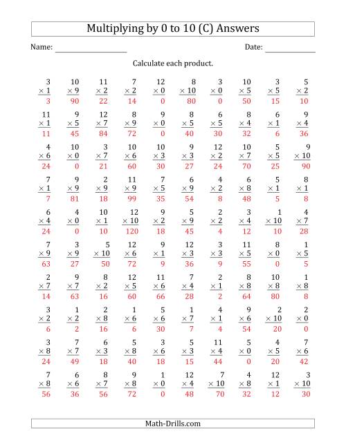 The Multiplying by Anchor Facts 0, 1, 2, 3, 4, 5, 6, 7, 8, 9 and 10 (Other Factor 1 to 12) (C) Math Worksheet Page 2