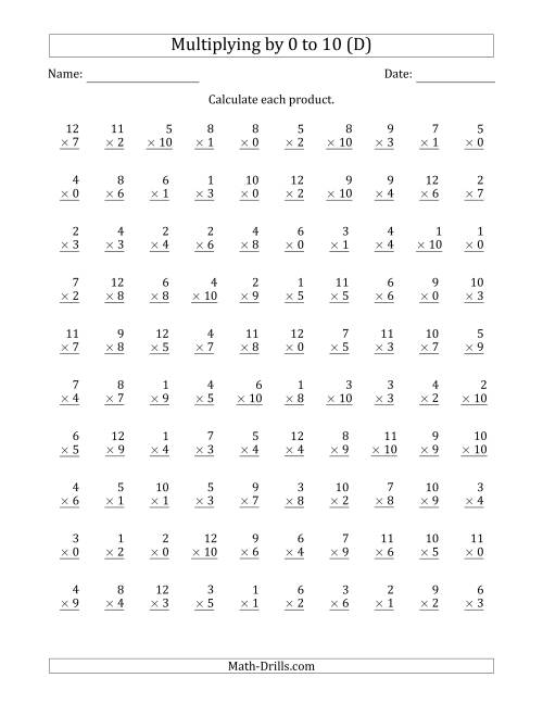 The Multiplying by Anchor Facts 0, 1, 2, 3, 4, 5, 6, 7, 8, 9 and 10 (Other Factor 1 to 12) (D) Math Worksheet