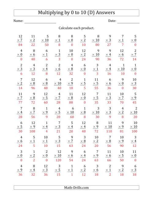 The Multiplying by Anchor Facts 0, 1, 2, 3, 4, 5, 6, 7, 8, 9 and 10 (Other Factor 1 to 12) (D) Math Worksheet Page 2