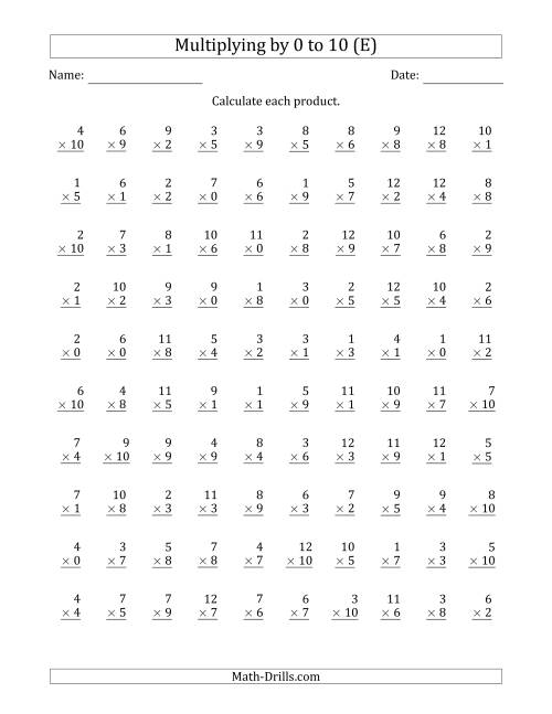 The Multiplying by Anchor Facts 0, 1, 2, 3, 4, 5, 6, 7, 8, 9 and 10 (Other Factor 1 to 12) (E) Math Worksheet