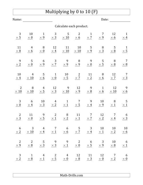The Multiplying by Anchor Facts 0, 1, 2, 3, 4, 5, 6, 7, 8, 9 and 10 (Other Factor 1 to 12) (F) Math Worksheet