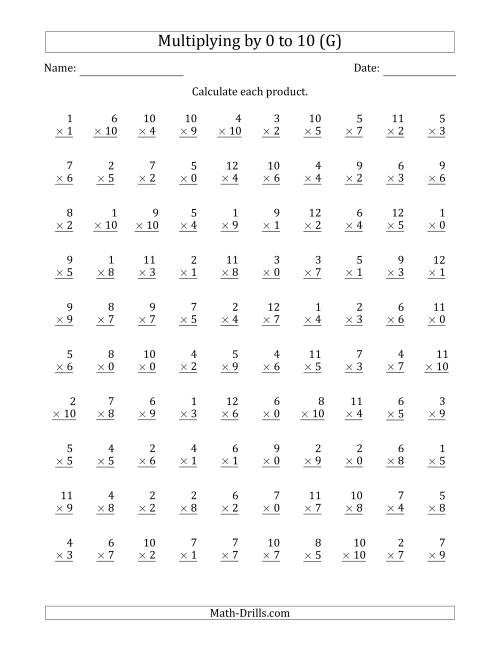 The Multiplying by Anchor Facts 0, 1, 2, 3, 4, 5, 6, 7, 8, 9 and 10 (Other Factor 1 to 12) (G) Math Worksheet