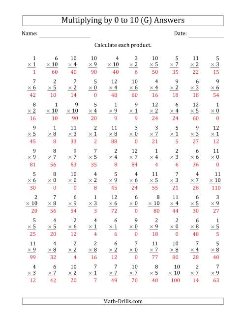 The Multiplying by Anchor Facts 0, 1, 2, 3, 4, 5, 6, 7, 8, 9 and 10 (Other Factor 1 to 12) (G) Math Worksheet Page 2