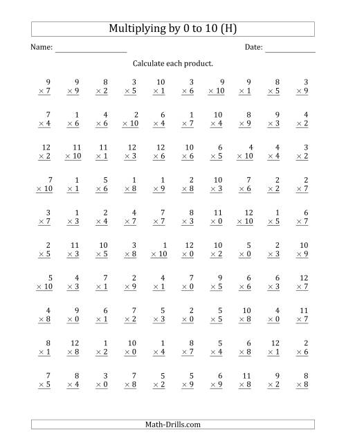 The Multiplying by Anchor Facts 0, 1, 2, 3, 4, 5, 6, 7, 8, 9 and 10 (Other Factor 1 to 12) (H) Math Worksheet