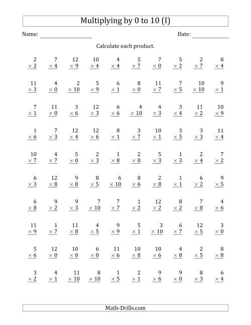 The Multiplying by Anchor Facts 0, 1, 2, 3, 4, 5, 6, 7, 8, 9 and 10 (Other Factor 1 to 12) (I) Math Worksheet