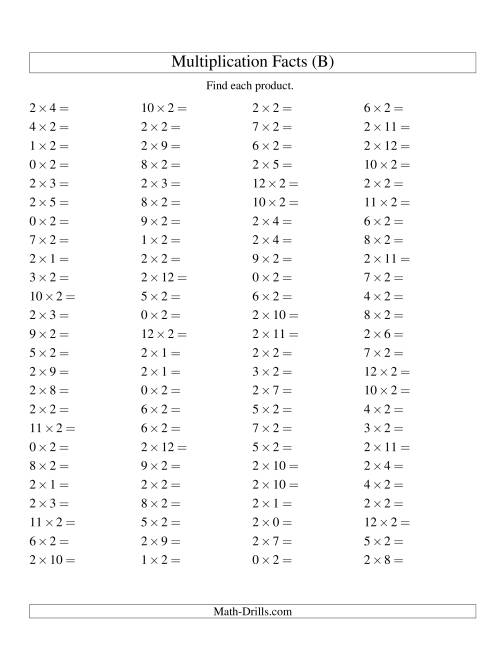 The 100 Horizontal Questions -- 2 by 0-12 (B) Math Worksheet