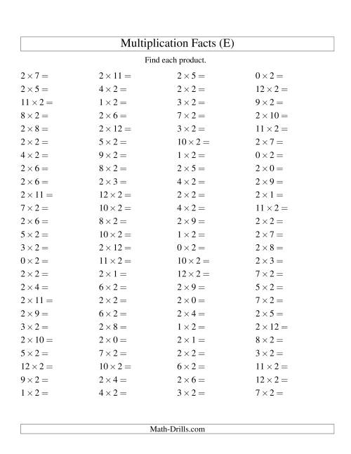 The 100 Horizontal Questions -- 2 by 0-12 (E) Math Worksheet