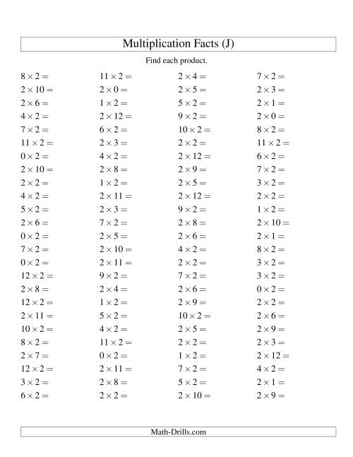 The 100 Horizontal Questions -- 2 by 0-12 (J) Math Worksheet