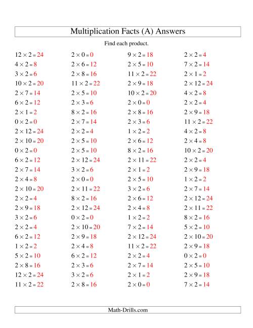 The 100 Horizontal Questions -- 2 by 0-12 (All) Math Worksheet Page 2