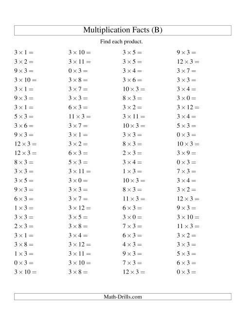 The 100 Horizontal Questions -- 3 by 0-12 (B) Math Worksheet