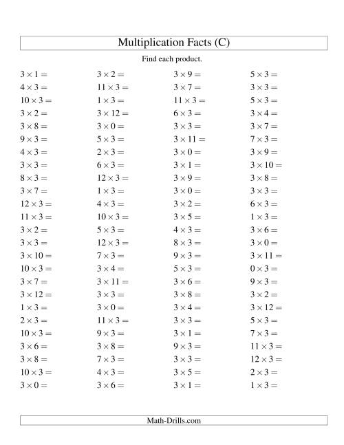 The 100 Horizontal Questions -- 3 by 0-12 (C) Math Worksheet