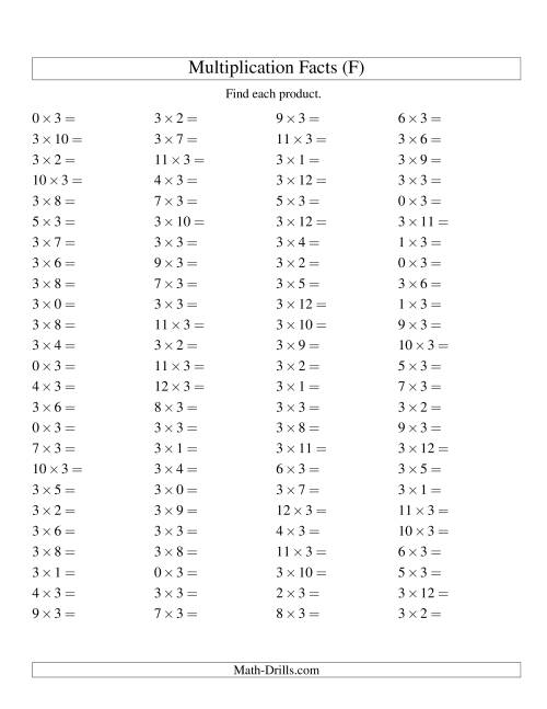 The 100 Horizontal Questions -- 3 by 0-12 (F) Math Worksheet