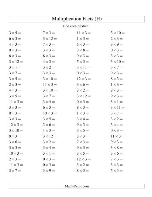 The 100 Horizontal Questions -- 3 by 0-12 (H) Math Worksheet