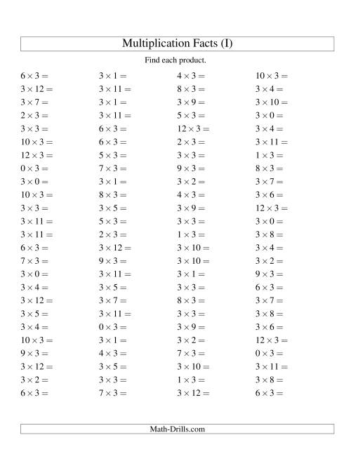 The 100 Horizontal Questions -- 3 by 0-12 (I) Math Worksheet