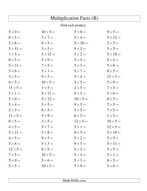 The 100 Horizontal Questions -- 5 by 0-12 (B) Math Worksheet