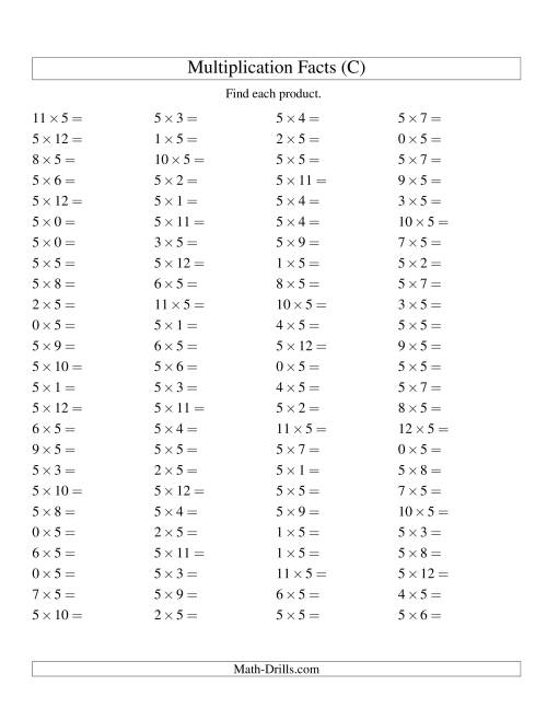 The 100 Horizontal Questions -- 5 by 0-12 (C) Math Worksheet