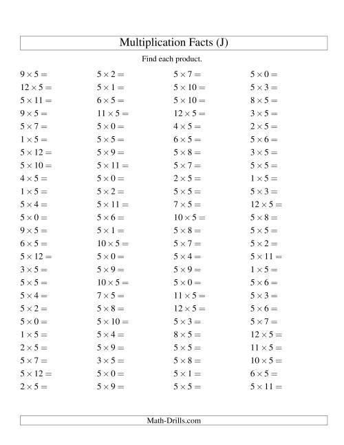 The 100 Horizontal Questions -- 5 by 0-12 (J) Math Worksheet