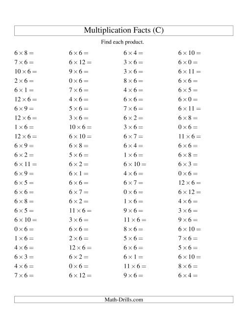 The 100 Horizontal Questions -- 6 by 0-12 (C) Math Worksheet