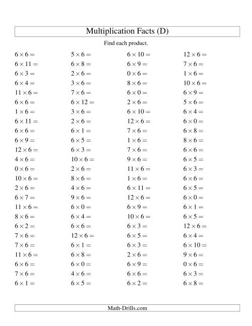 The 100 Horizontal Questions -- 6 by 0-12 (D) Math Worksheet