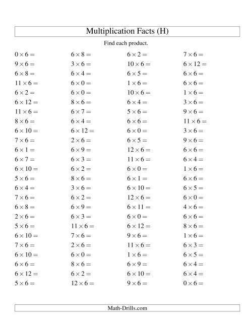 The 100 Horizontal Questions -- 6 by 0-12 (H) Math Worksheet