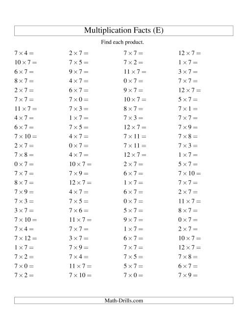 The 100 Horizontal Questions -- 7 by 0-12 (E) Math Worksheet
