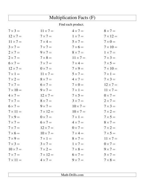 The 100 Horizontal Questions -- 7 by 0-12 (F) Math Worksheet