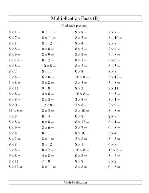 The 100 Horizontal Questions -- 8 by 0-12 (B) Math Worksheet