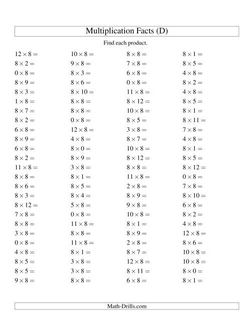 The 100 Horizontal Questions -- 8 by 0-12 (D) Math Worksheet